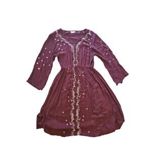 Sweet magnolia gauzy burgundy embroidered cottage dress womens large boho midi